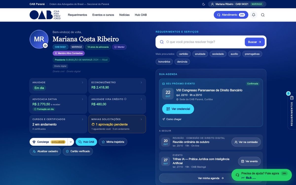 Painel do advogado no portal: cartão do advogado, anuidade, economizômetro, Dativa, crédito e agenda (persona de demonstração)