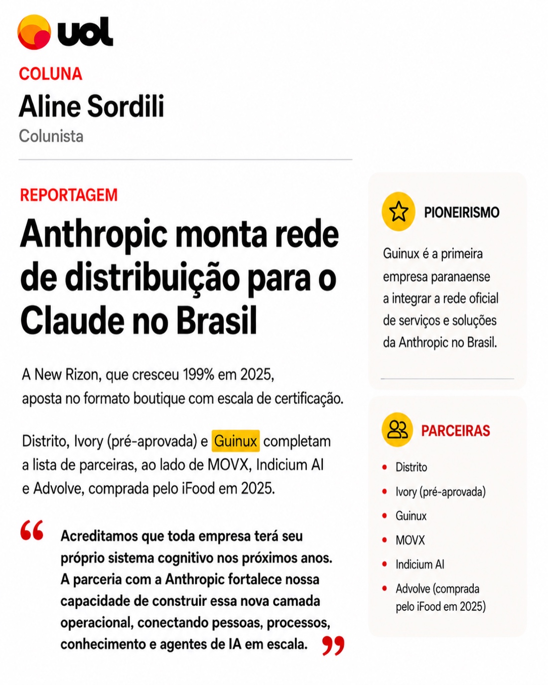 Reportagem do UOL Economia: Anthropic monta rede de distribuição para o Claude no Brasil — Guinux entre as parceiras